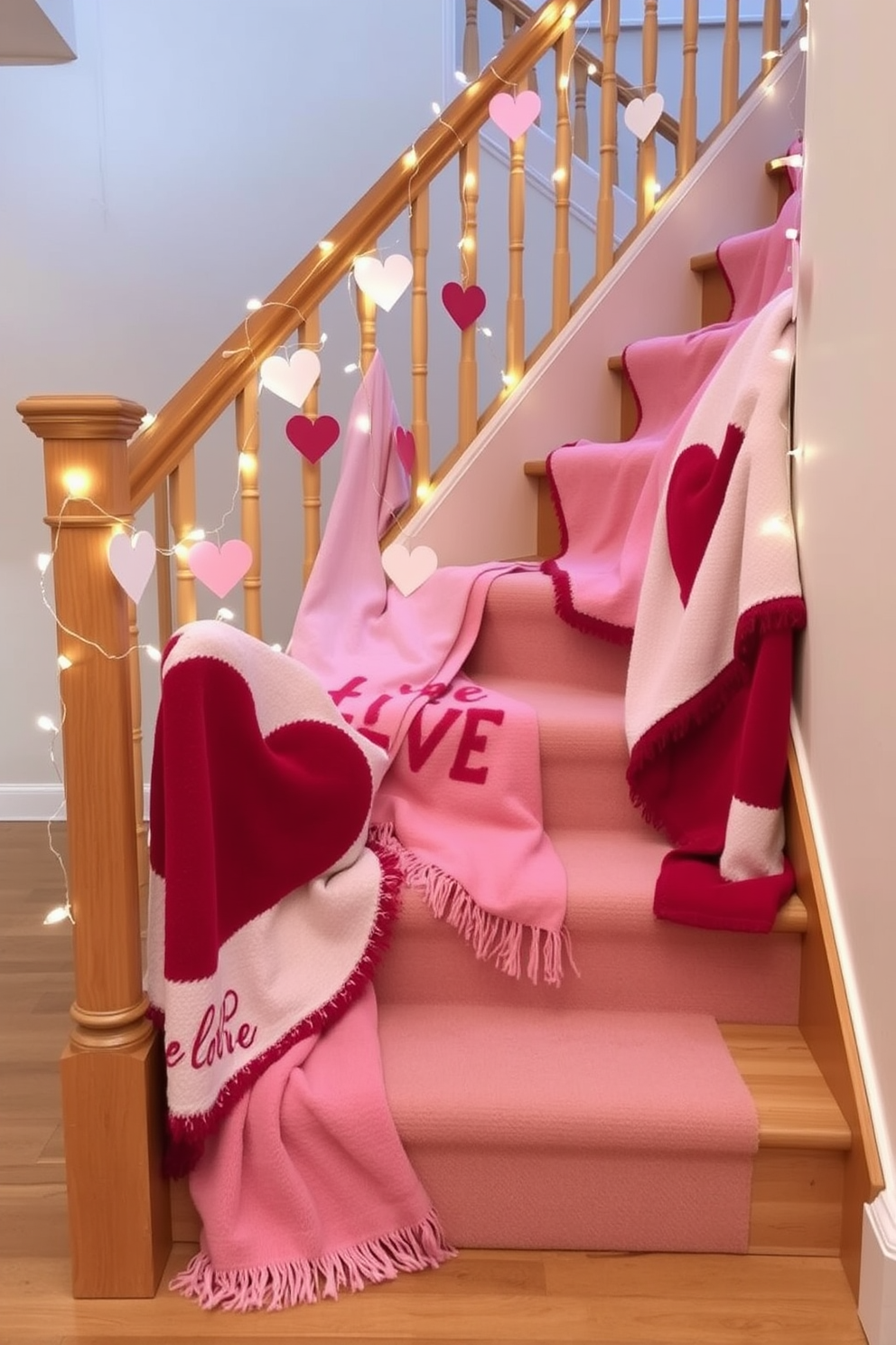 A cozy staircase adorned with Valentine themed throw blankets draped over each step creates a warm and inviting atmosphere. Soft hues of pink and red in the blankets complement the wooden staircase, enhancing the romantic feel of the space. Delicate heart-shaped decorations are placed along the banister, adding a playful touch to the overall design. Twinkling fairy lights intertwined with the decorations provide a soft glow, perfect for celebrating the season of love.