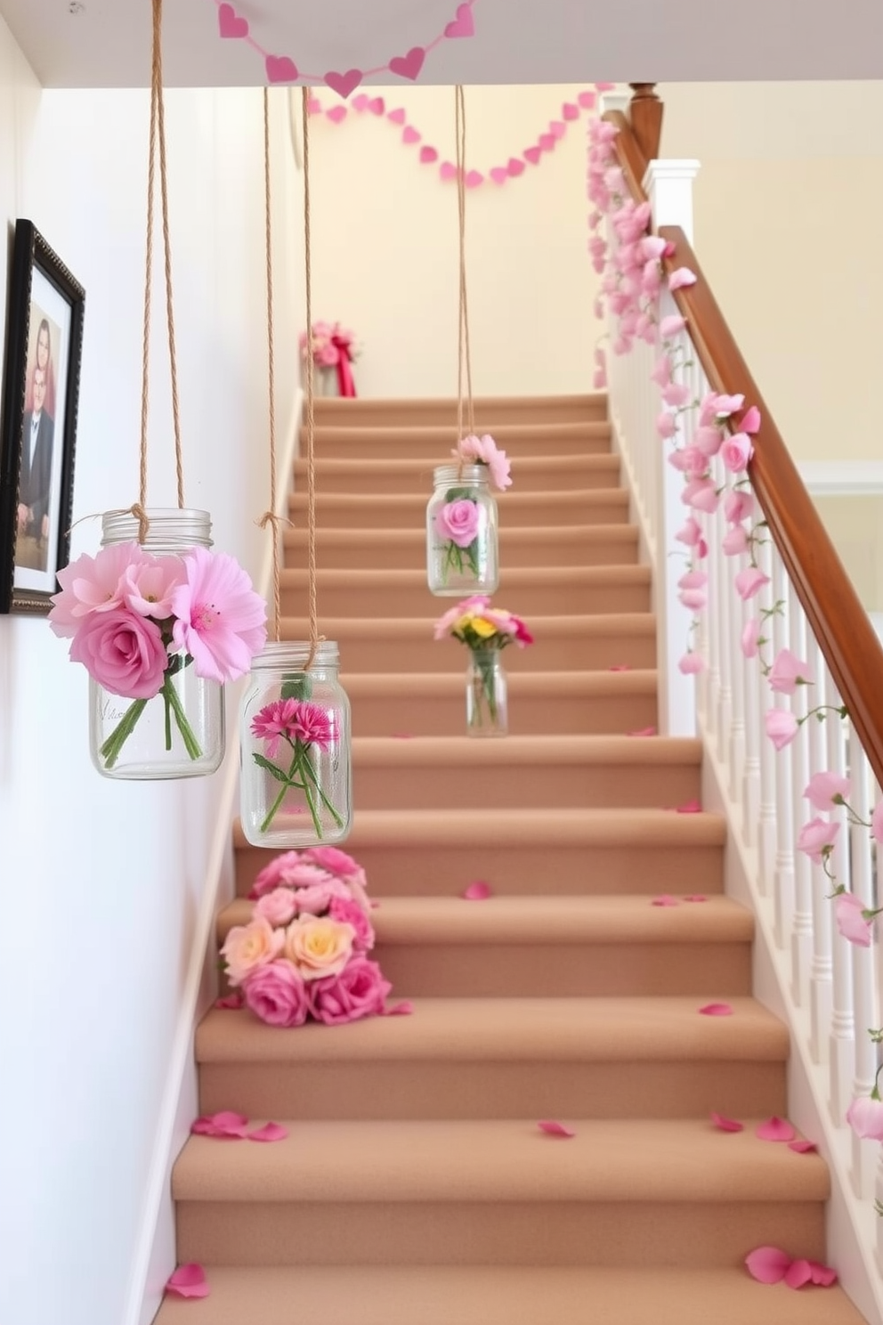 Hanging mason jars filled with flowers create a charming and rustic atmosphere. The jars are suspended from twine or wire, adorned with colorful blooms that sway gently with the breeze. The staircase is elegantly decorated for Valentine's Day with soft pastel hues and romantic accents. Heart-shaped garlands drape along the banister, while scattered rose petals lead the way up the steps.