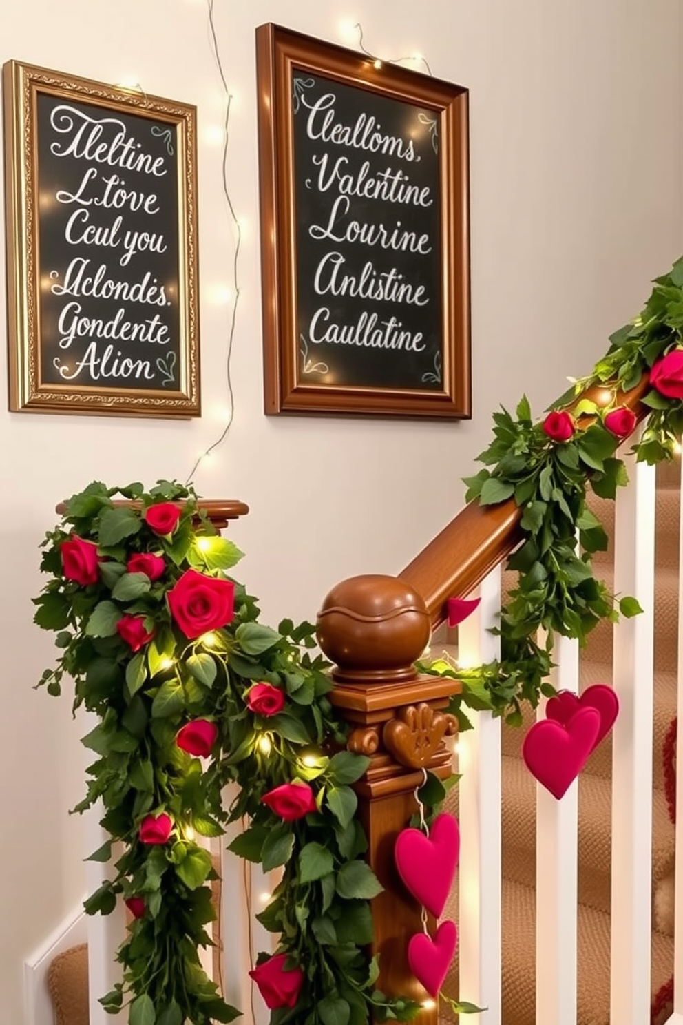 Chalkboard signs with romantic messages create a charming atmosphere for Valentine's Day. The signs are elegantly framed and feature handwritten notes in white chalk, surrounded by soft fairy lights. Staircase decorations for Valentine's Day can transform your entryway into a love-filled space. Adorn the bannister with lush greenery, red roses, and heart-shaped garlands for a warm and inviting look.