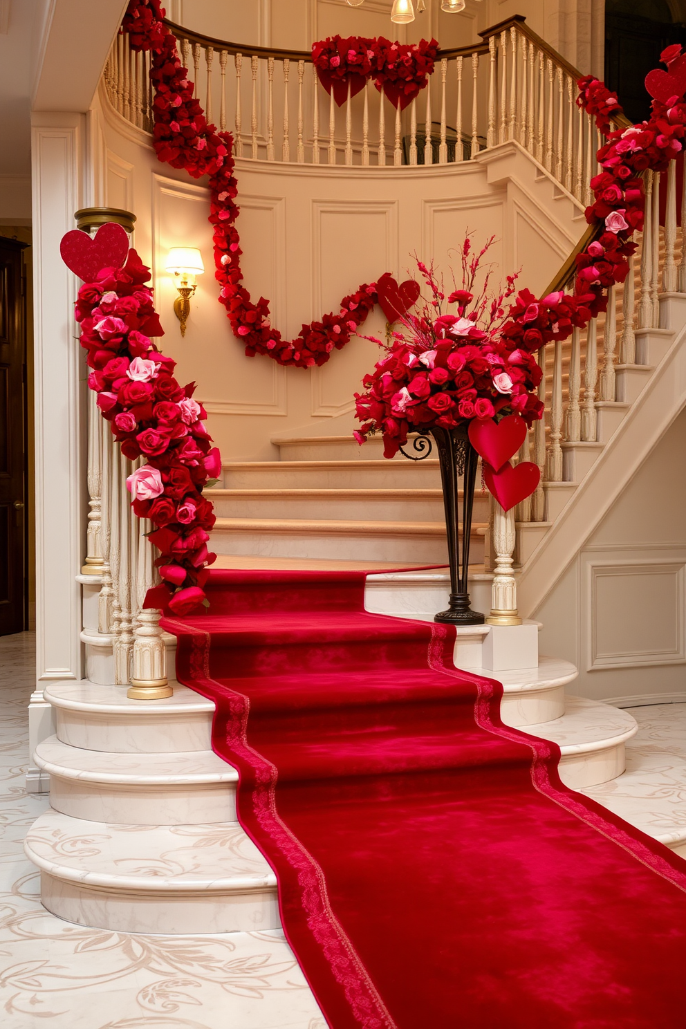 A luxurious red carpet runner elegantly trails up a grand staircase, enhancing the opulence of the space. The staircase features ornate railings and is adorned with soft, ambient lighting that highlights the rich texture of the carpet. For Valentine's Day, the staircase is decorated with clusters of romantic flowers in shades of red and pink. Heart-shaped garlands are draped along the banister, creating an inviting and festive atmosphere.