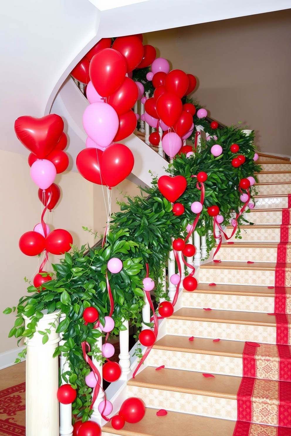 A whimsical staircase adorned with cascading red and pink balloon garlands creates a festive atmosphere for Valentine's Day. The balloons are arranged in a playful manner, intertwining with lush greenery along the railing, inviting guests to celebrate love and joy.