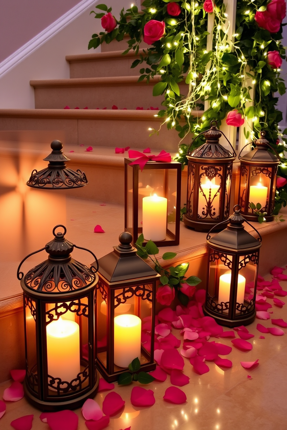 Decorative lanterns with candles are placed along the staircase, casting a warm and inviting glow. Each lantern features intricate designs and soft flickering flames, creating a romantic atmosphere for Valentine's Day. The staircase is adorned with lush greenery and delicate rose petals, enhancing the festive spirit. Twinkling fairy lights are intertwined with the decorations, adding a magical touch to the Valentine's Day theme.