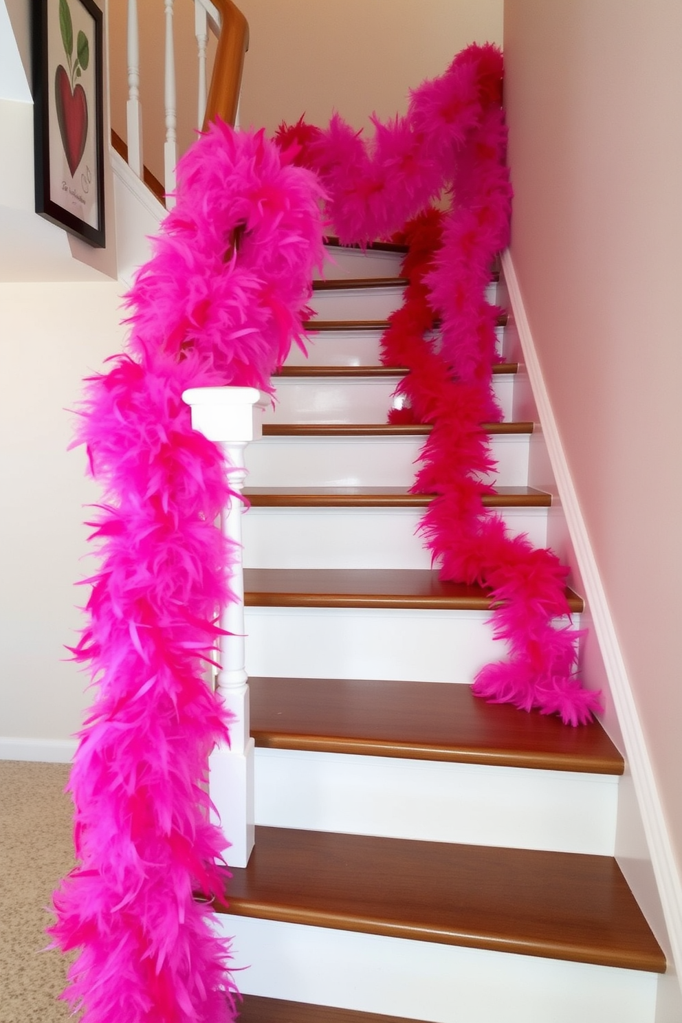 A whimsical staircase adorned with pink and red feather boas gracefully draped over the railing. The vibrant colors create a festive atmosphere, perfect for celebrating Valentine's Day.