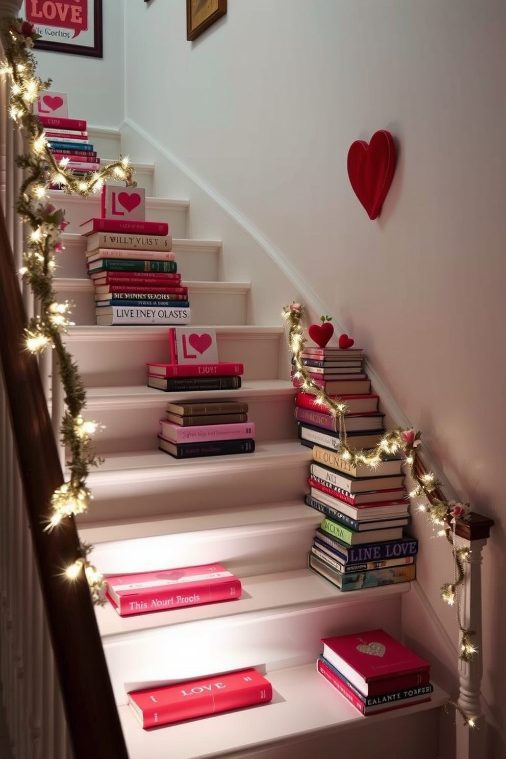 A charming staircase adorned with love-themed books stacked on each step creates a romantic atmosphere. Soft lighting illuminates the space, highlighting the vibrant colors of the book covers and inviting a sense of warmth. Delicate Valentine's Day decorations, such as heart-shaped garlands and small floral arrangements, are tastefully placed along the railing. The overall design combines cozy elements with a touch of elegance, perfect for celebrating love.