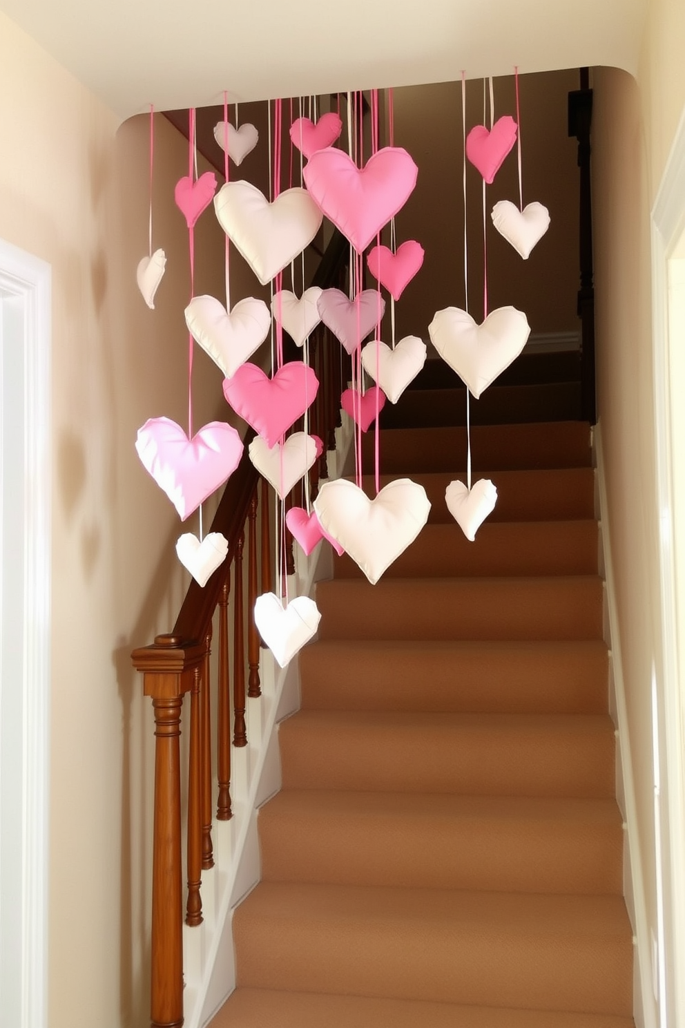 A charming staircase adorned with hanging fabric hearts creates a romantic ambiance for Valentine's Day. The hearts, made from soft pastel fabrics, sway gently with the breeze, adding a whimsical touch to the space.