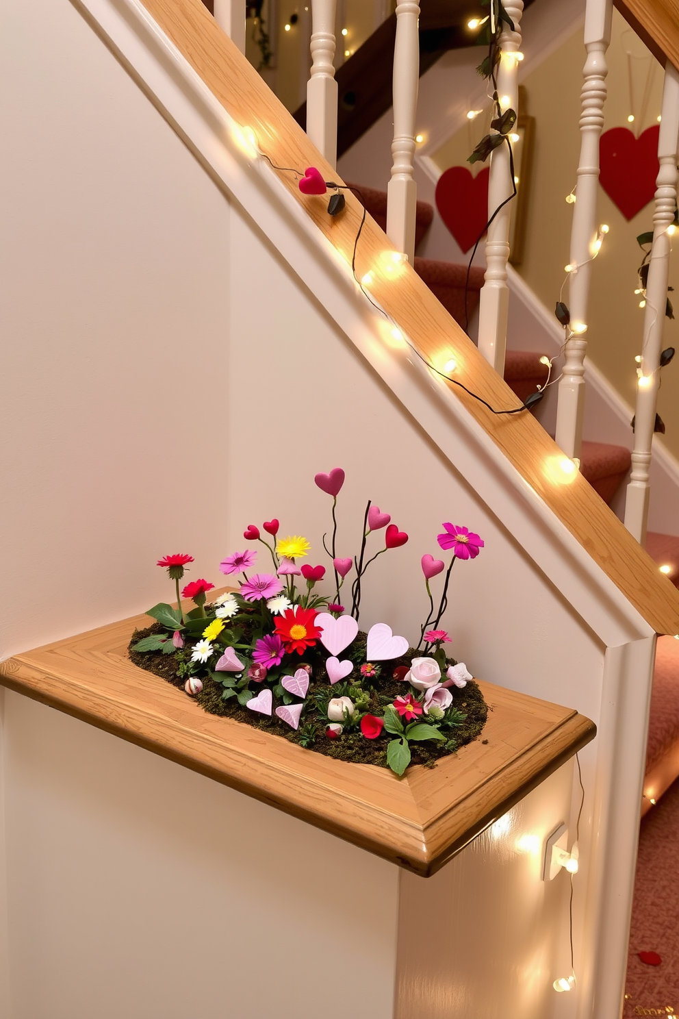 A charming miniature love garden is nestled on the staircase landing. It features an assortment of vibrant flowers and small decorative hearts arranged in a whimsical manner. For Valentine's Day, the staircase is adorned with soft fairy lights and delicate garlands. Heart-shaped accents and romantic touches create a warm and inviting atmosphere.