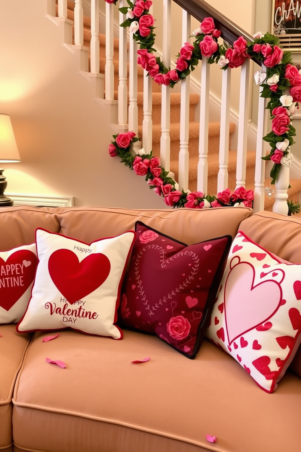 Seasonal throw pillows with Valentine designs are scattered across a plush sofa, featuring hearts and romantic patterns in shades of red and pink. The cozy living room is adorned with soft lighting, creating an inviting atmosphere for celebrating love. The staircase is elegantly decorated for Valentine's Day, with garlands of faux roses draping along the banister. Delicate heart-shaped ornaments hang from the railing, adding a whimsical touch to the festive decor.