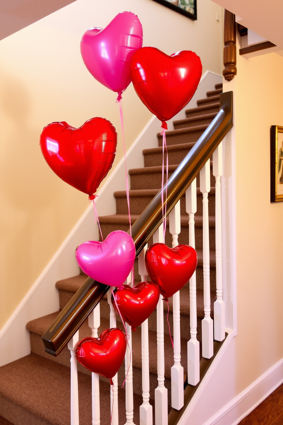 A charming staircase adorned with heart-shaped balloons tied to the railing creates a festive atmosphere. The vibrant red and pink balloons gently sway, adding a playful touch to the Valentine's Day decor.