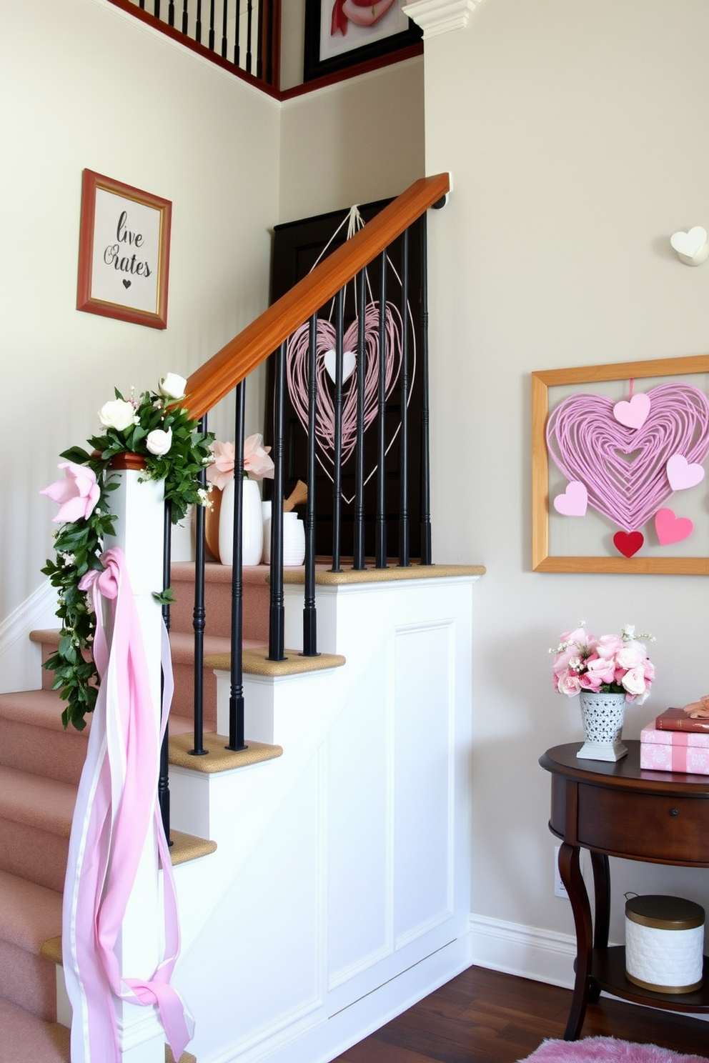 A charming staircase adorned with a string art heart display on the wall nearby. The decor features soft pastel colors and romantic accents, creating a warm and inviting atmosphere for Valentine's Day.