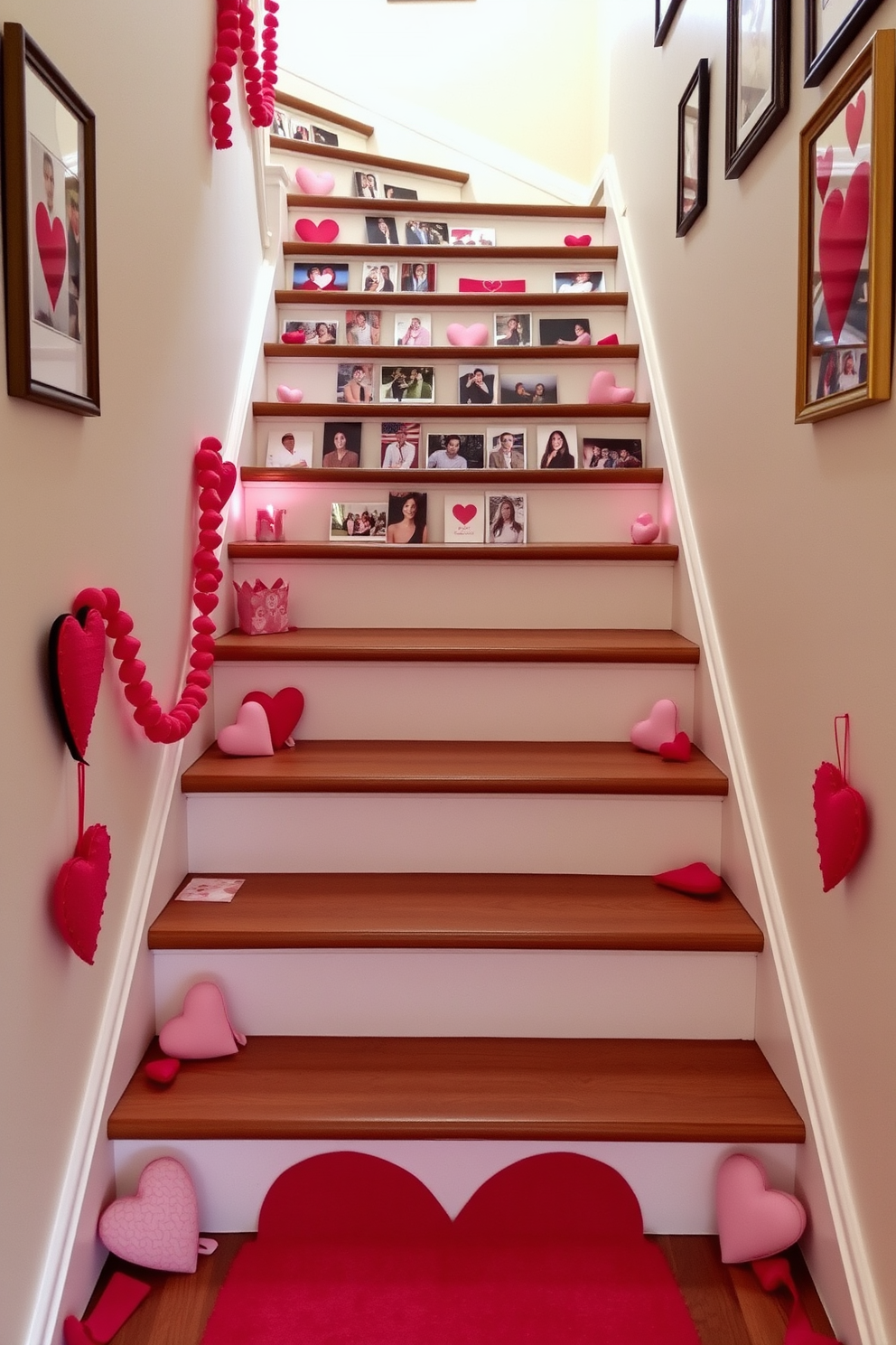 A charming staircase adorned with a Valentine themed picture collage. The steps are lined with heart-shaped decorations and soft pink and red accents, creating a romantic atmosphere.