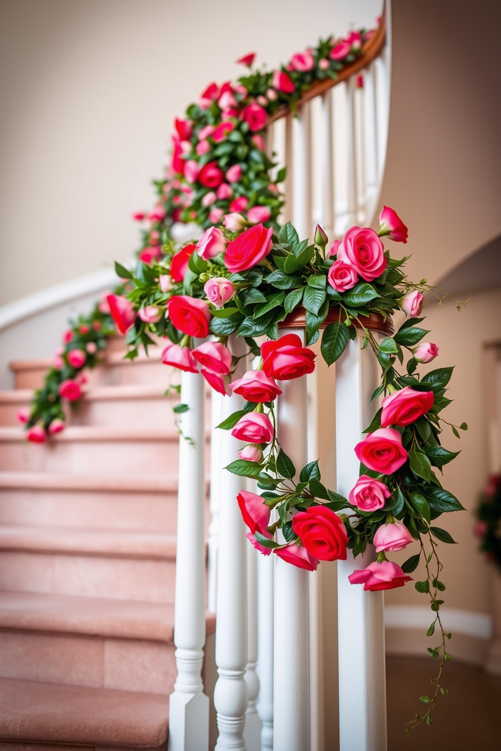 Floral garlands adorned with vibrant roses and lush greenery cascade gracefully along the banister of a winding staircase. Soft, romantic lighting highlights the natural beauty of the arrangement, creating a warm and inviting atmosphere for Valentine's Day celebrations.