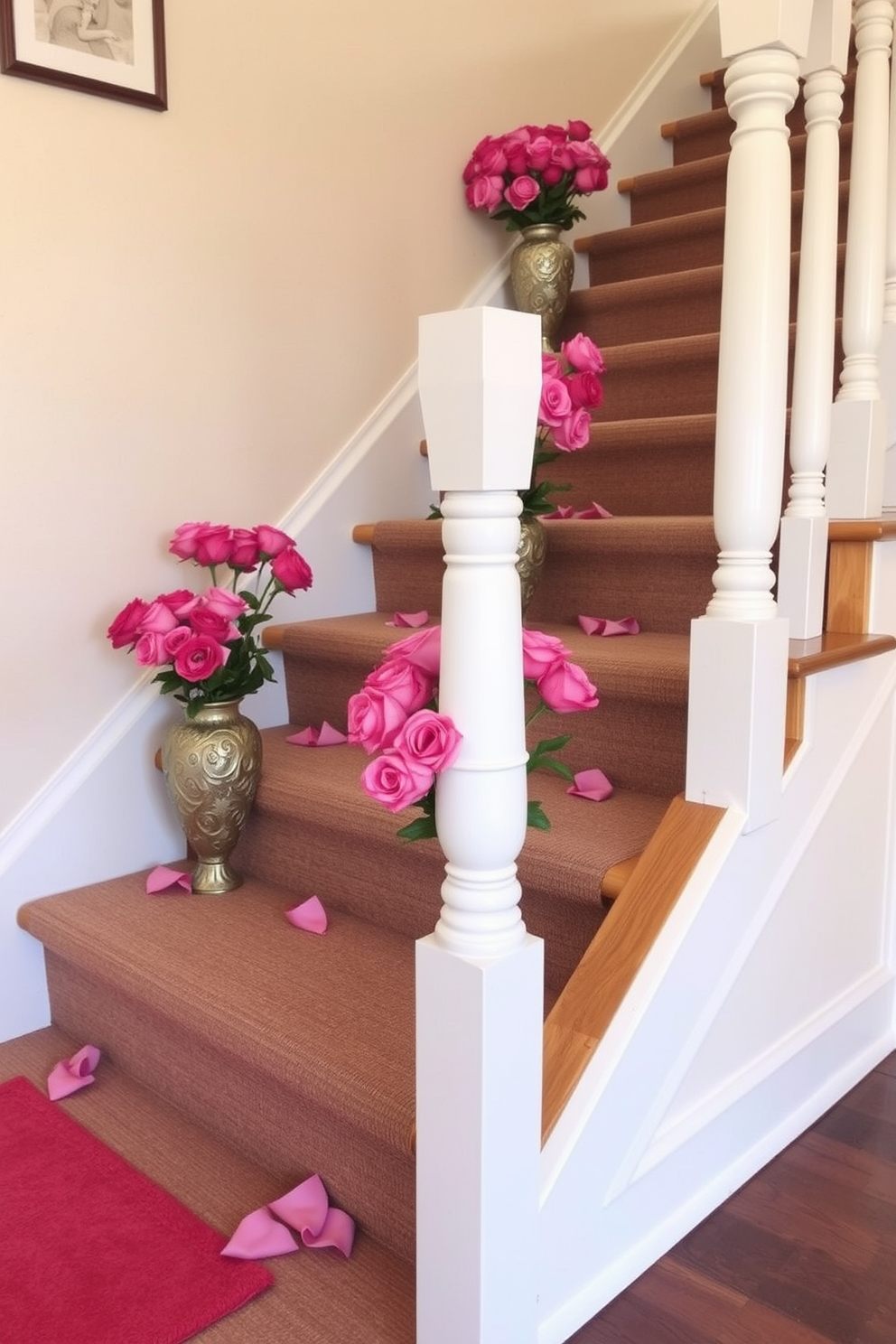 A charming staircase adorned for Valentine's Day. Decorative vases filled with pink flowers are placed on each step, creating a romantic atmosphere.