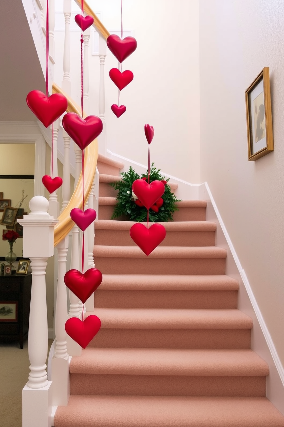 A charming staircase adorned with hanging heart ornaments from the banister creates a romantic atmosphere. The vibrant red and pink hearts sway gently, adding a festive touch to the Valentine's Day decor.