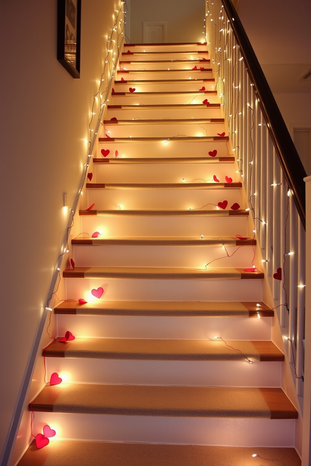 A romantic staircase adorned with Valentine themed string lights gracefully illuminating each step. The soft glow creates a warm and inviting atmosphere, perfect for celebrating love on Valentine's Day.