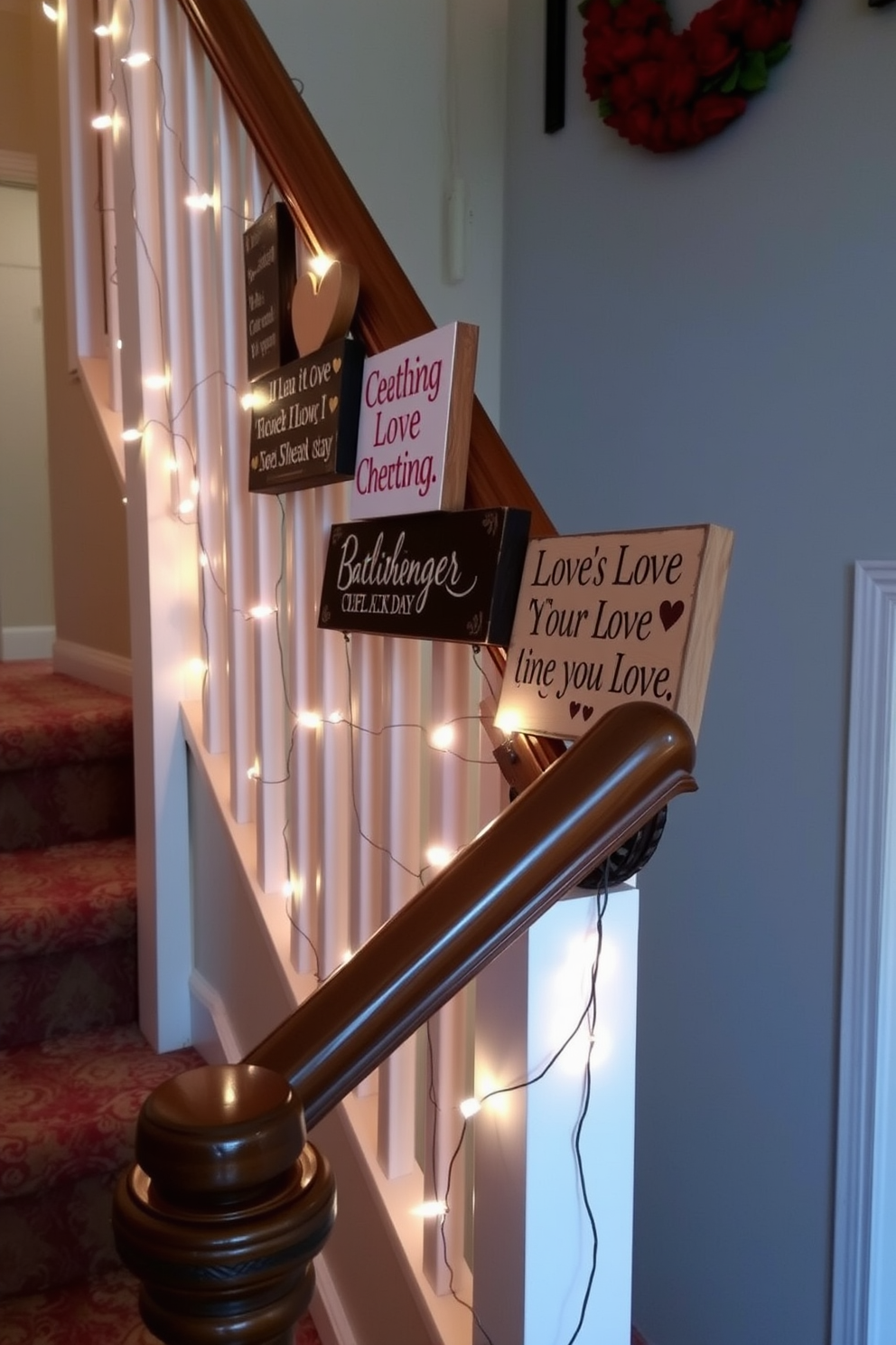 A cozy staircase adorned with decorative wooden signs featuring love quotes. The signs are artfully arranged along the railing, complemented by soft string lights that create a warm and inviting atmosphere for Valentine's Day.