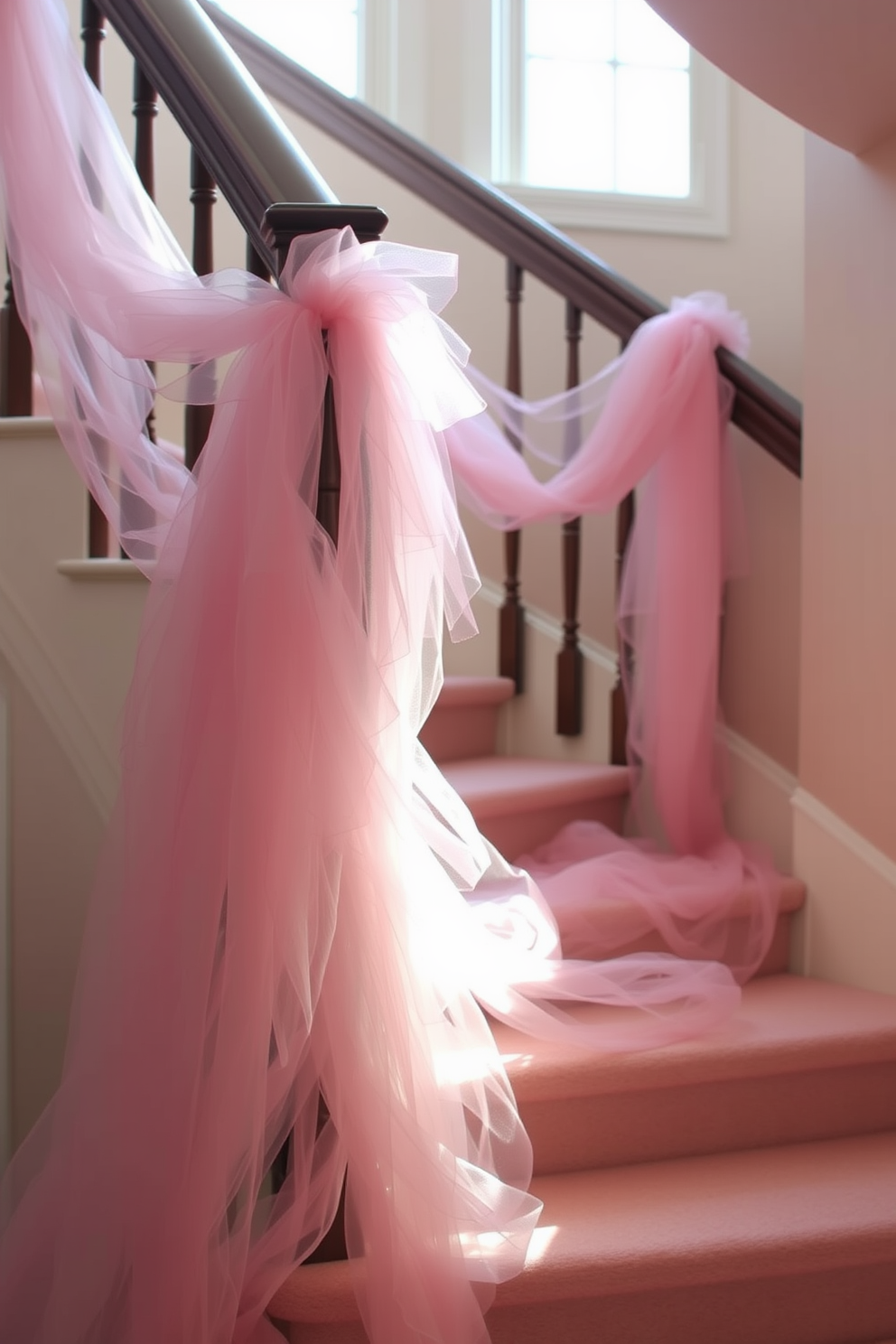 A romantic staircase adorned with soft tulle fabric elegantly draped along the railing. The tulle cascades in gentle waves, creating a dreamy atmosphere perfect for Valentine's Day celebrations.