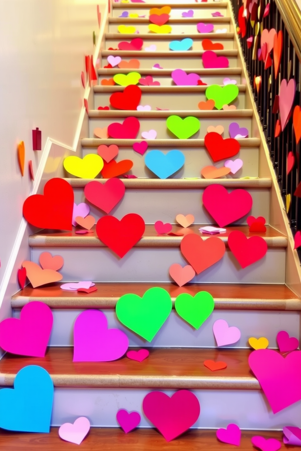 A vibrant staircase adorned with colorful heart-shaped paper cutouts in various sizes. The cutouts are playfully scattered along the steps, creating a festive and inviting atmosphere for Valentine's Day.