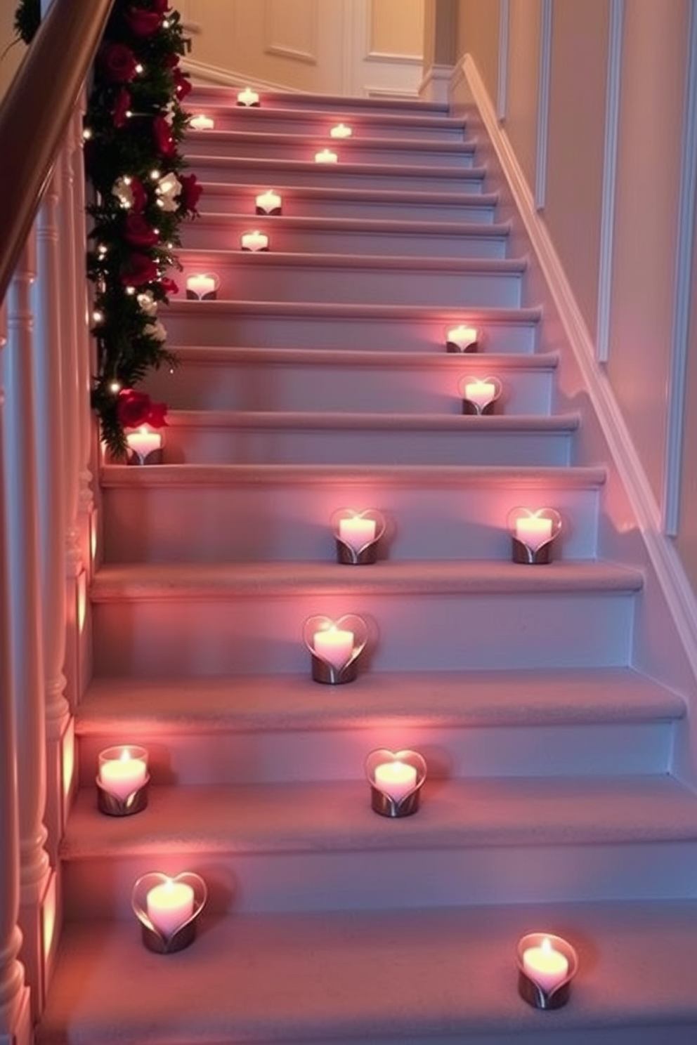 A romantic staircase adorned with candles in heart-shaped holders placed on each step. Soft flickering lights create a warm and inviting atmosphere, perfect for a Valentine's Day celebration.