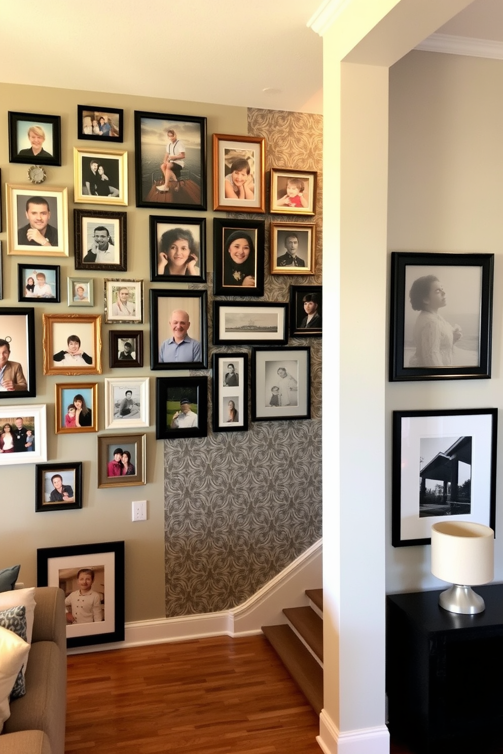 A gallery wall adorned with an eclectic mix of family photos in various frames. The arrangement features a balance of colors and sizes, creating a visually engaging focal point in the living room. The staircase wall showcases a striking design with a combination of textured wallpaper and framed artwork. Soft lighting highlights the unique elements, enhancing the overall ambiance of the entryway.