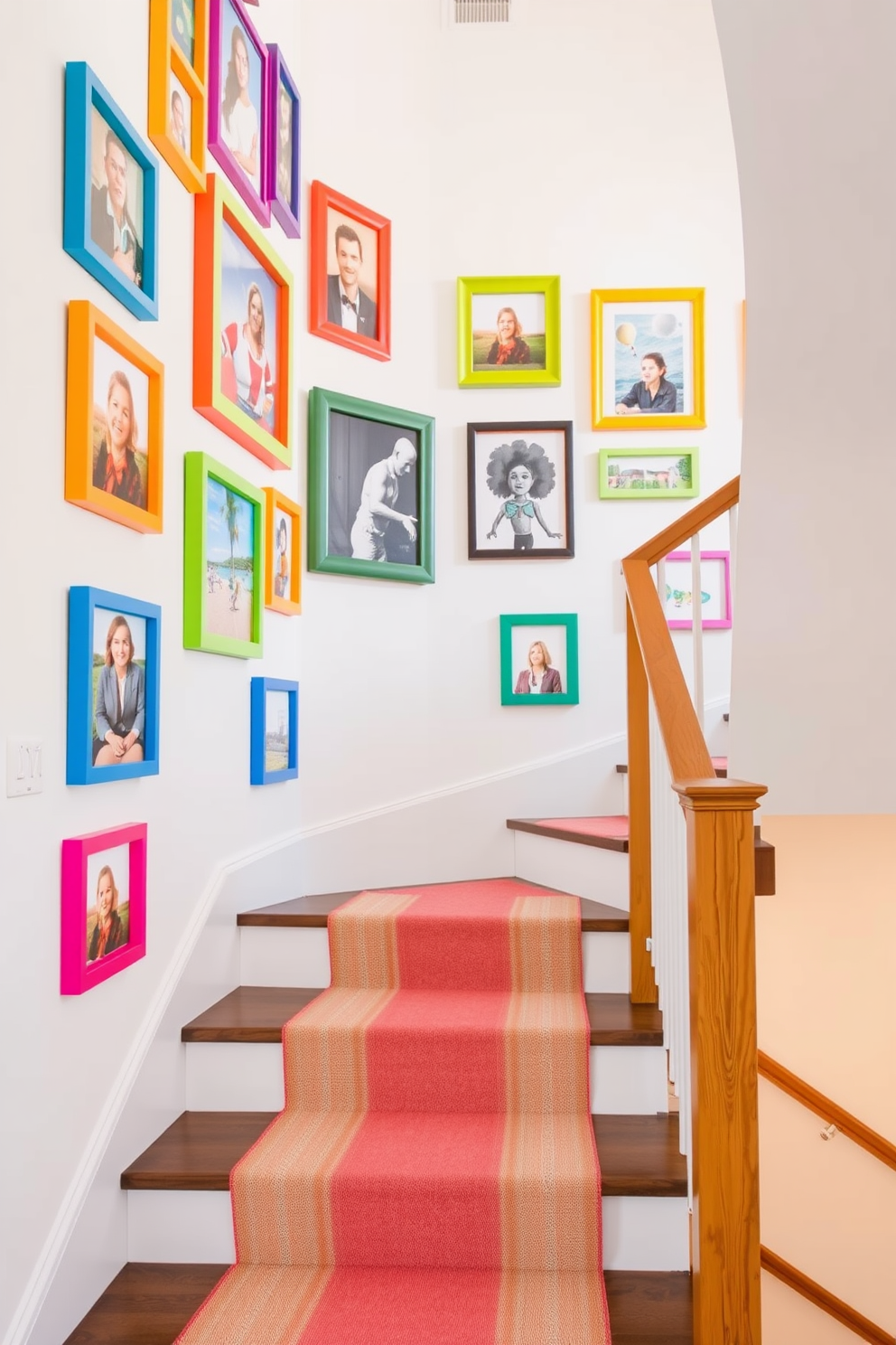 A vibrant staircase featuring colorful frames that add a playful touch to the space. The frames are arranged in an eclectic pattern, showcasing a mix of artwork and photographs against a soft white wall. The staircase itself is adorned with a sleek wooden railing that complements the bright colors of the frames. A stylish runner runs down the center, providing comfort and a pop of color that harmonizes with the framed art.