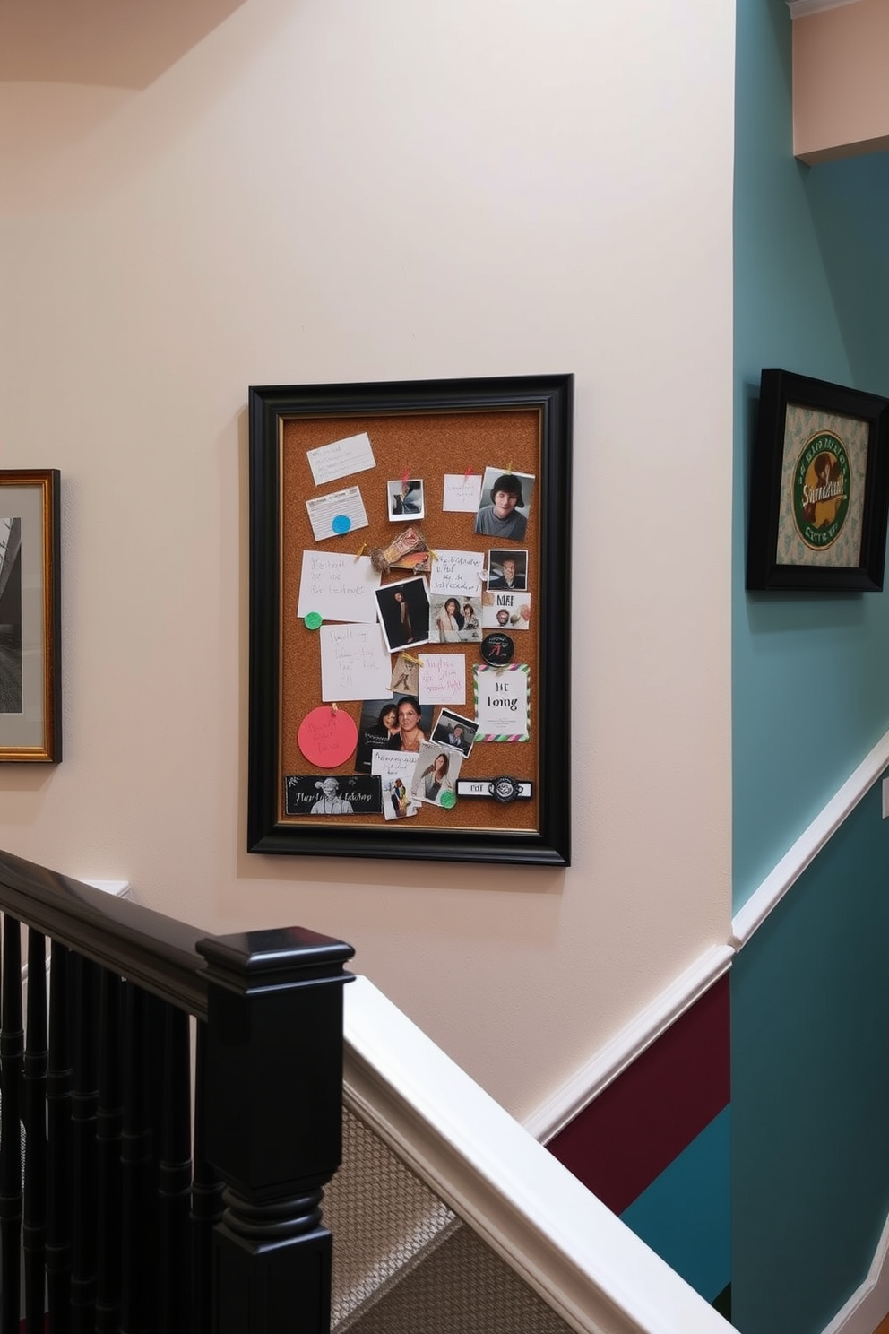 A corkboard is mounted on the wall, surrounded by a stylish frame that complements the room's decor. It is filled with colorful notes, photographs, and cherished memories, adding a personal touch to the space. The staircase features a striking wall design, showcasing a combination of textured panels and a bold color accent. This design enhances the visual interest of the staircase, making it a focal point in the home.