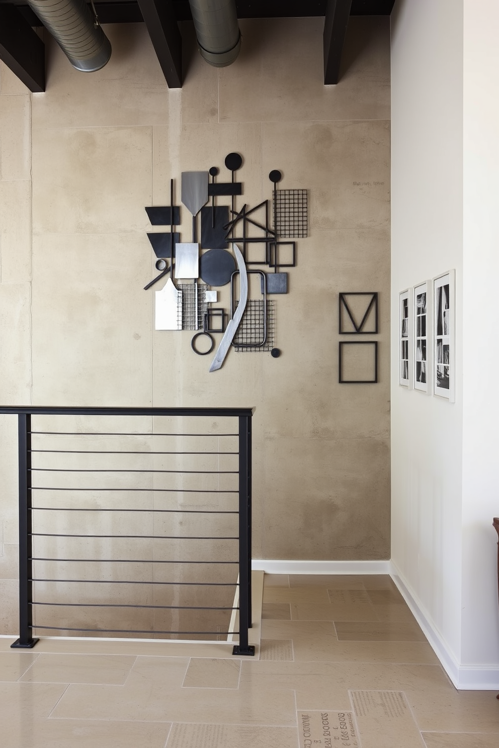 A striking metal wall art piece depicting abstract shapes and geometric patterns enhances the industrial aesthetic of the room. The art is mounted on a raw concrete wall, providing a bold contrast that draws the eye and adds character to the space. The staircase features a modern design with open risers and a sleek metal railing. The wall beside the staircase is adorned with a series of framed black and white photographs, creating an engaging visual gallery that complements the industrial theme.