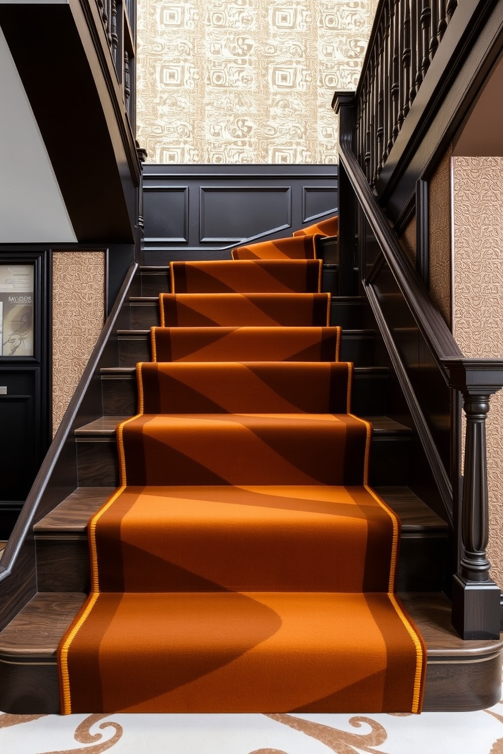 A stunning staircase runner featuring bold contrasting colors that create a striking visual impact. The runner gracefully flows down the stairs, enhancing the overall elegance of the space. The staircase walls are adorned with a combination of textured wallpaper and decorative paneling. This design adds depth and character, making the staircase a focal point in the home.