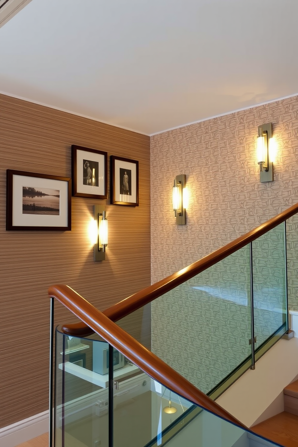 A modern staircase featuring a sleek design with a polished wooden handrail and glass balustrades. The wall beside the staircase is adorned with a series of framed artwork and a textured wallpaper that adds depth and interest. Elegant lighting fixtures are strategically placed along the wall to create a warm and inviting atmosphere. These fixtures cast soft shadows, enhancing the visual appeal of the staircase and highlighting the wall design.