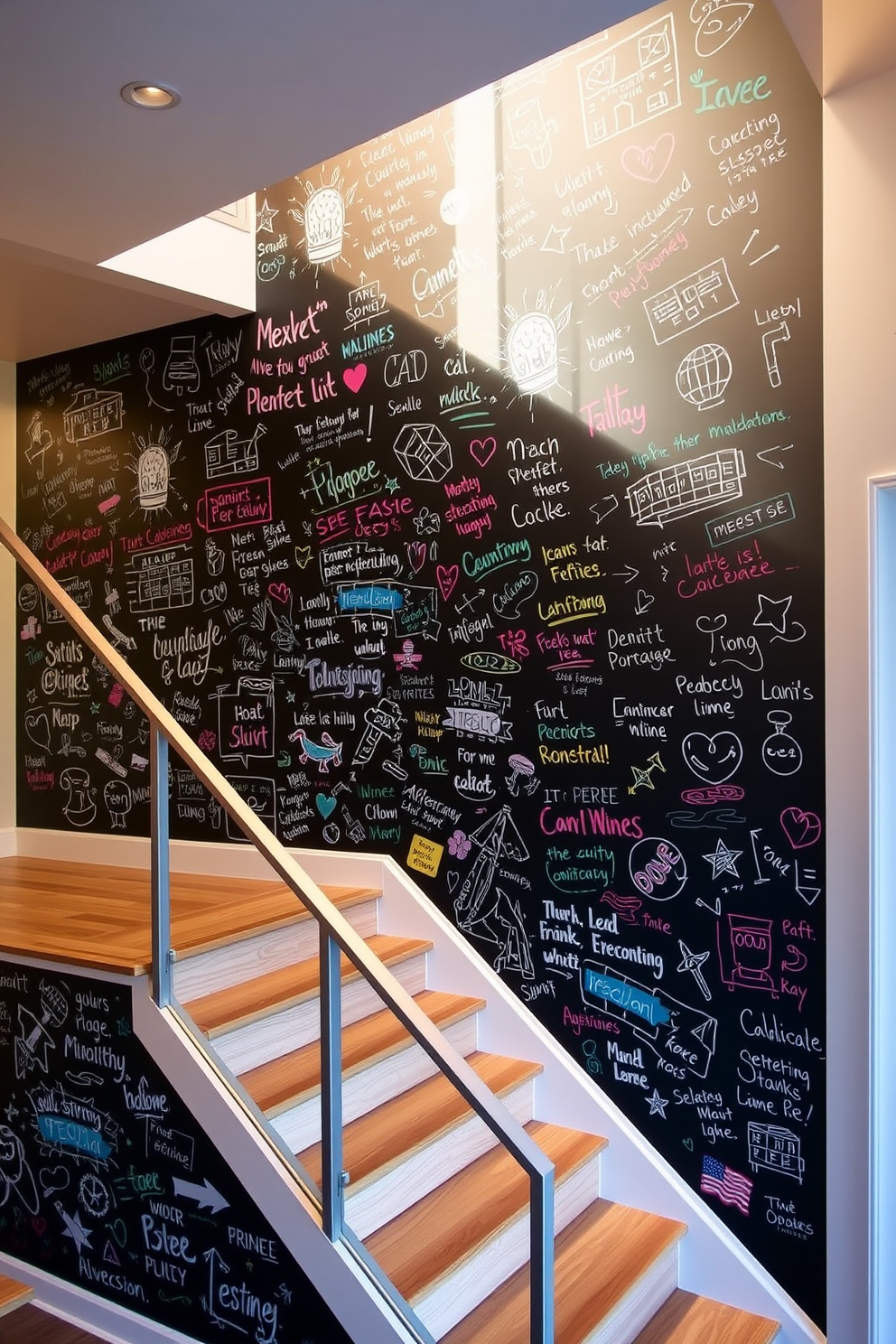 A modern staircase featuring a wall coated in chalkboard paint invites creativity and personal expression. The wall is filled with colorful doodles, inspirational quotes, and family messages, creating a dynamic and ever-changing focal point. The staircase itself is designed with sleek wooden steps and a minimalist metal railing. Soft, warm lighting highlights the unique wall design, making it a vibrant centerpiece in the home.