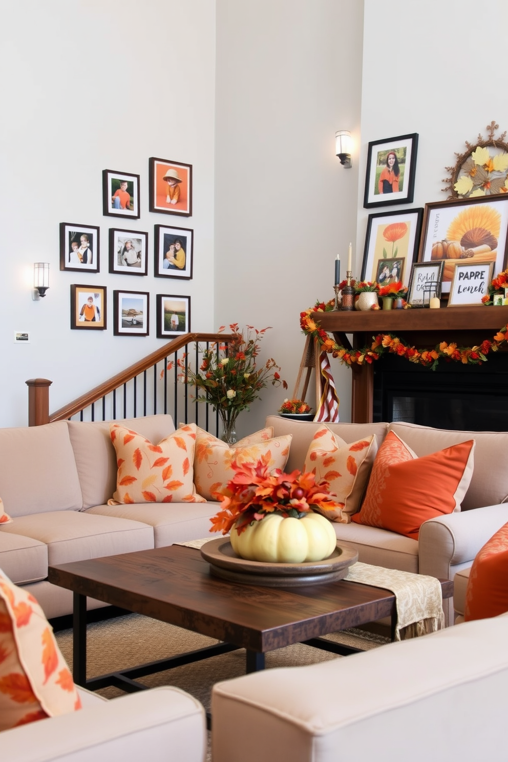 Seasonal decor that changes regularly. A cozy living room adorned with autumn-themed decorations, featuring a warm color palette of oranges and browns. Plush throw pillows with leaf patterns are scattered across a neutral sofa, while a decorative pumpkin centerpiece sits on a rustic coffee table. The mantel above the fireplace is adorned with seasonal garlands and framed autumn artwork, creating an inviting atmosphere. Staircase wall design ideas. A modern staircase with a sleek wooden railing showcases a gallery of framed family photos along the wall. The wall is painted in a soft gray, providing a neutral backdrop that allows the vibrant colors of the artwork to pop, while strategically placed sconces illuminate the display.