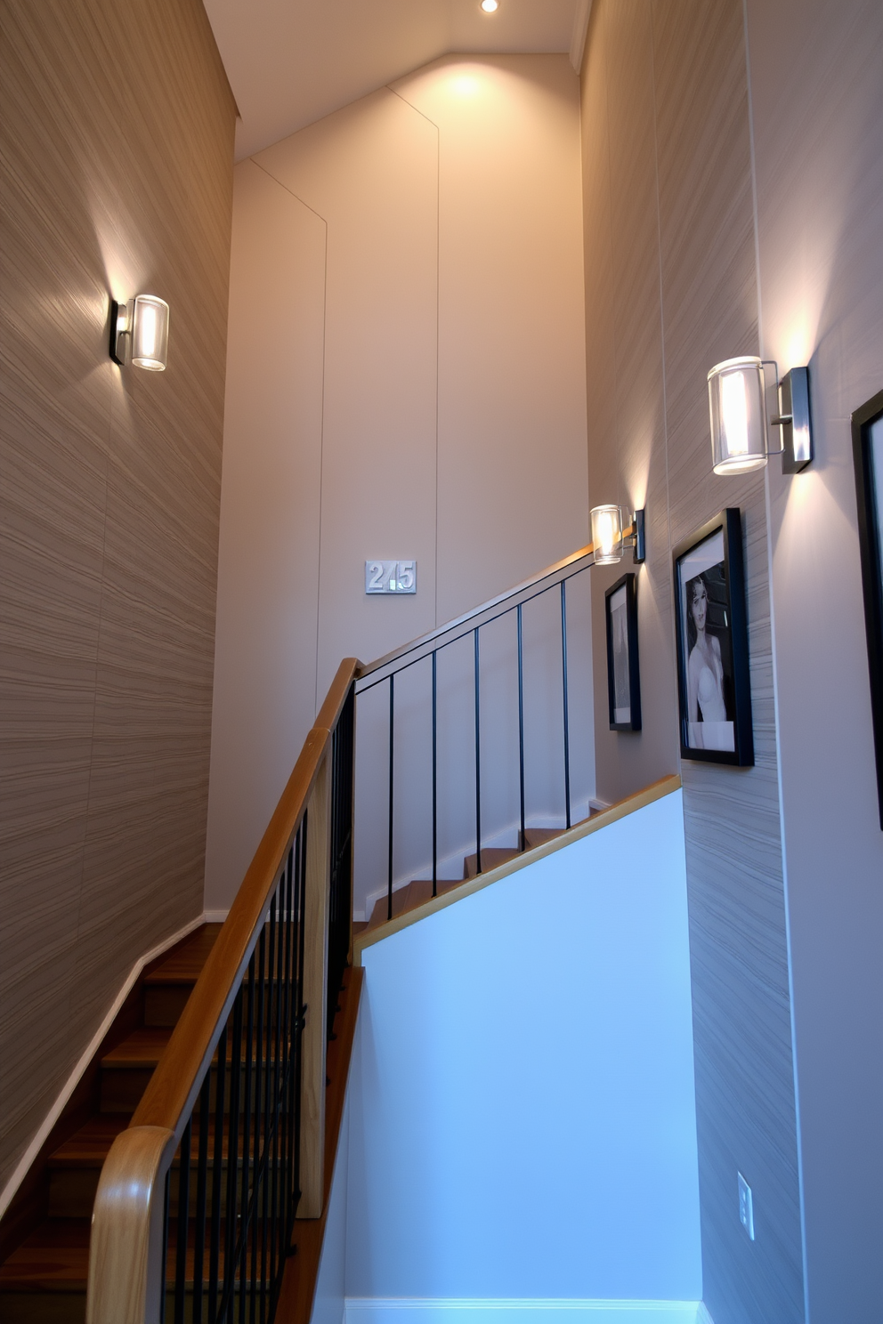 A cozy staircase with wall-mounted lighting that creates a warm ambiance. The walls are adorned with textured panels in a soft gray, complemented by sleek, modern light fixtures that highlight the design. The staircase features a mix of wood and metal, showcasing a contemporary style. Along the walls, framed artwork adds personality and charm to the overall aesthetic.