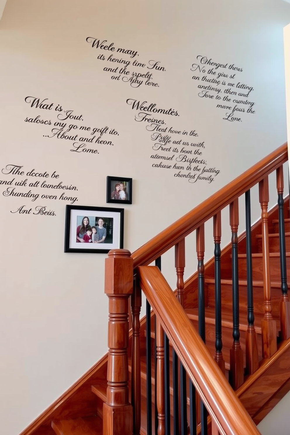 A cozy staircase adorned with personalized wall decals featuring inspirational quotes. The decals are in elegant script, complementing the warm wooden tones of the staircase and creating a welcoming atmosphere. The wall behind the staircase is painted in a soft neutral color, providing a perfect backdrop for the decals. A few framed photographs of family memories are hung alongside the quotes, adding a personal touch to the space.