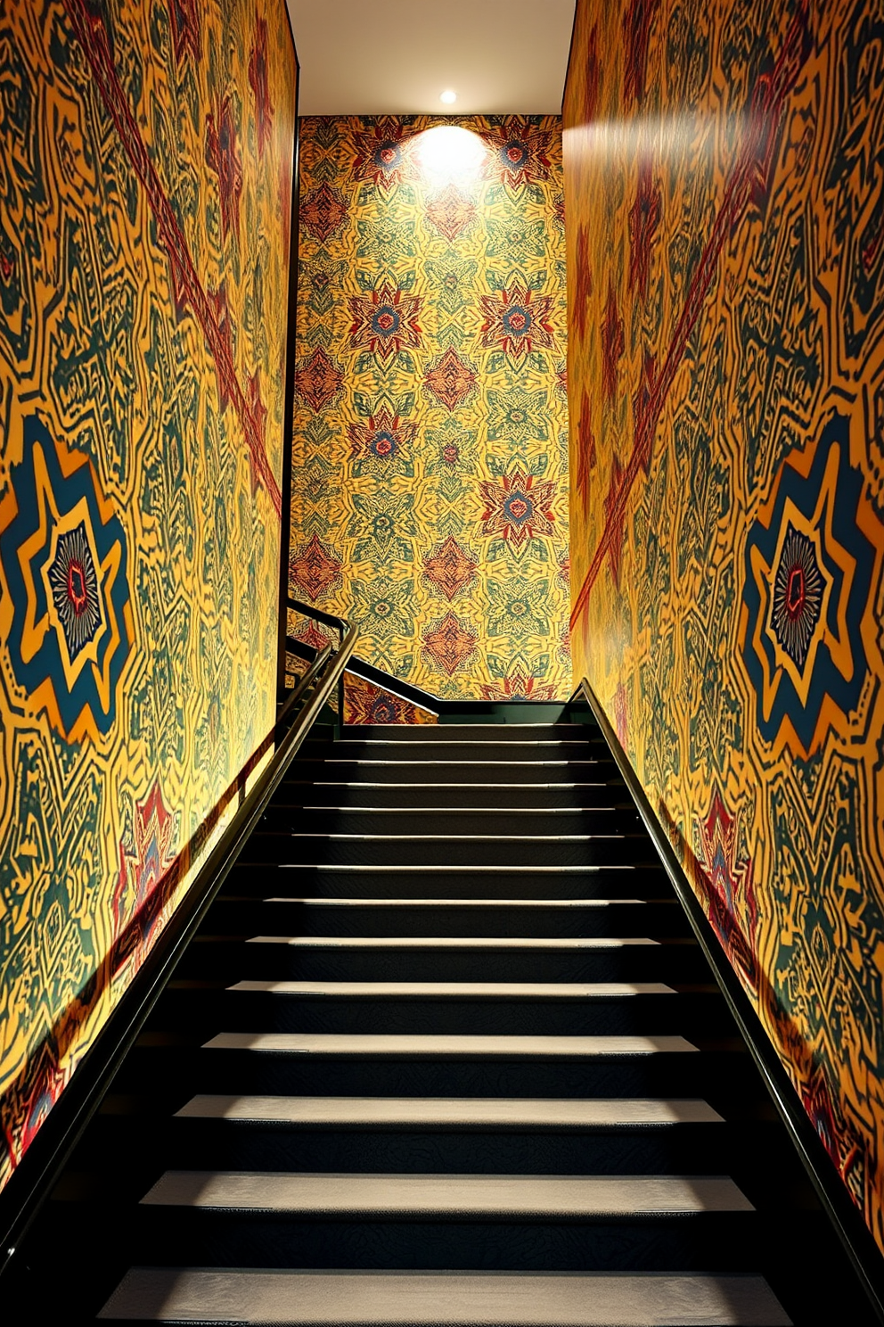 A striking staircase adorned with bold wallpaper featuring geometric patterns creates a stunning focal point. The vibrant colors and intricate designs draw the eye upward, enhancing the architectural beauty of the space. The wallpaper complements the sleek lines of the staircase, adding depth and personality to the area. Accent lighting highlights the patterns, creating a dynamic interplay of shadows and colors that transforms the overall ambiance.