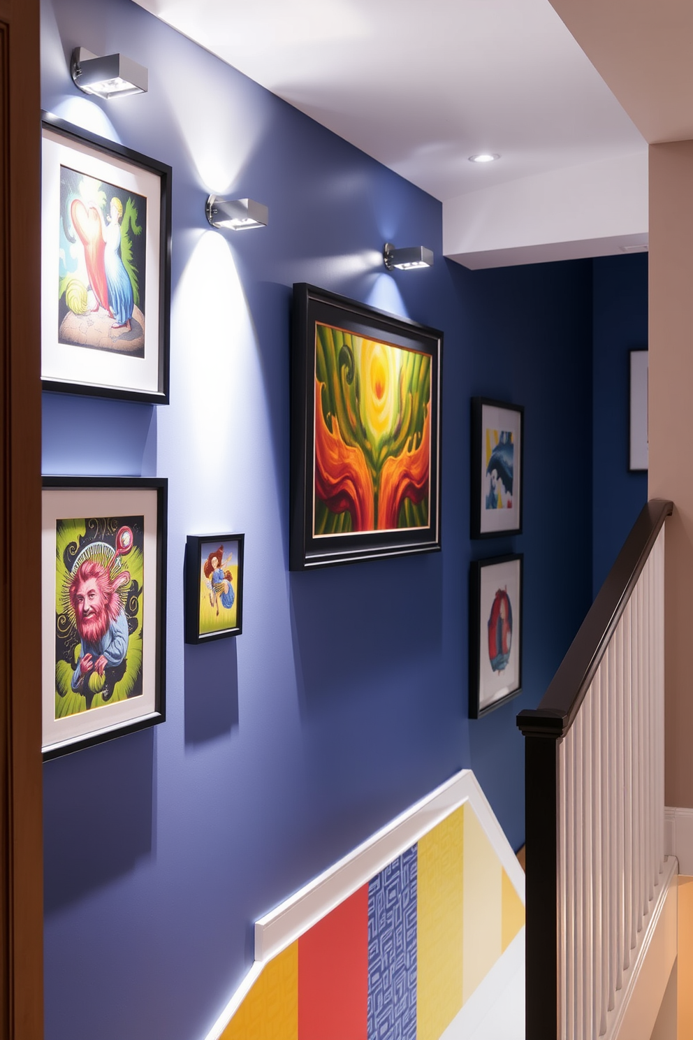 A gallery-style lighting setup illuminates a collection of vibrant artwork hanging on the walls. The fixtures are strategically placed to highlight each piece, creating an inviting atmosphere for art appreciation. The staircase features a striking wall design that combines textured panels and bold colors. This unique treatment adds depth and character, transforming the staircase into a focal point of the home.