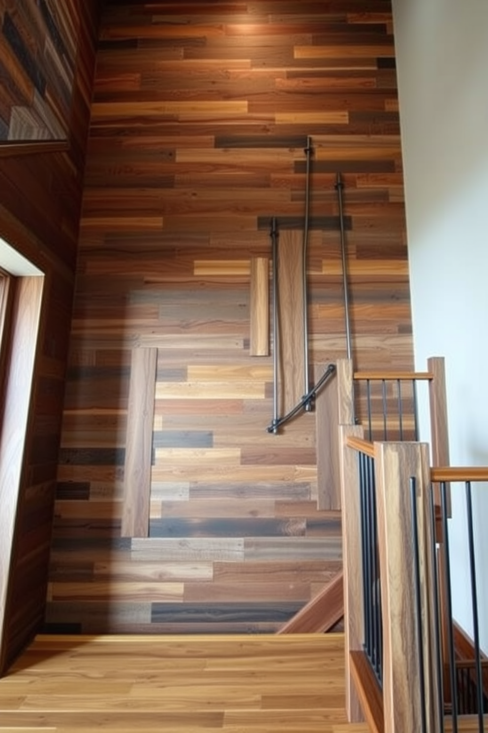 Rustic wood paneling creates a warm and inviting atmosphere in any home. The staircase features a unique wall design with a blend of reclaimed wood and modern metal accents.