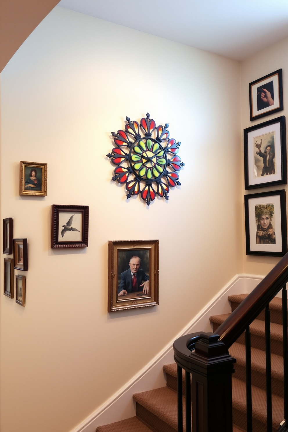 Artistic wall clock as a focal point. The clock features an intricate design with bold colors and unique shapes, drawing immediate attention to the wall it adorns. Staircase wall design ideas. The walls alongside the staircase are painted in a soft neutral tone, complemented by a gallery of framed artwork that adds character and warmth to the space.