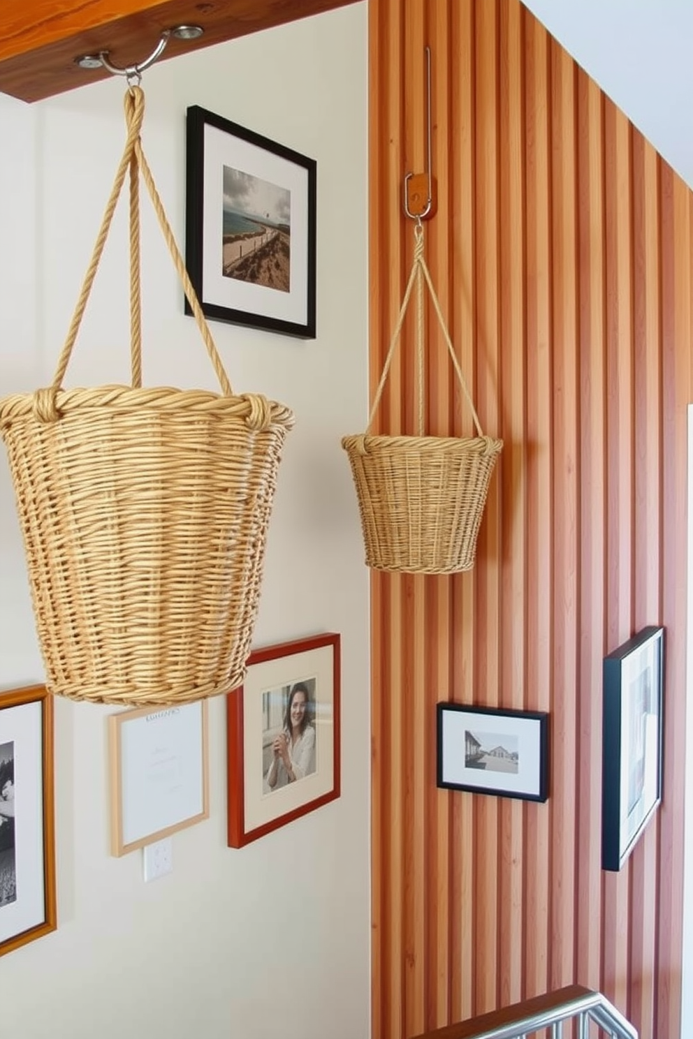 Hanging baskets for storage and style. The baskets are made of natural woven materials and are suspended from a wooden beam, adding a rustic charm to the space. Staircase wall design ideas. The walls are adorned with a combination of framed artwork and vertical wooden slats, creating an inviting and visually interesting backdrop for the staircase.