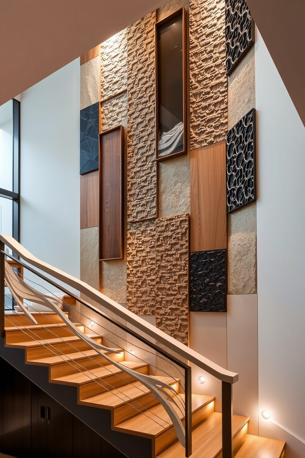 A striking staircase design featuring sculptural elements that create visual interest. The staircase is adorned with a contemporary railing that flows elegantly, complemented by a series of geometric wall panels in varying textures. The wall design incorporates a mix of materials such as wood, metal, and stone to enhance depth and dimension. Soft ambient lighting highlights the sculptural features, creating a dramatic effect that draws the eye upward.