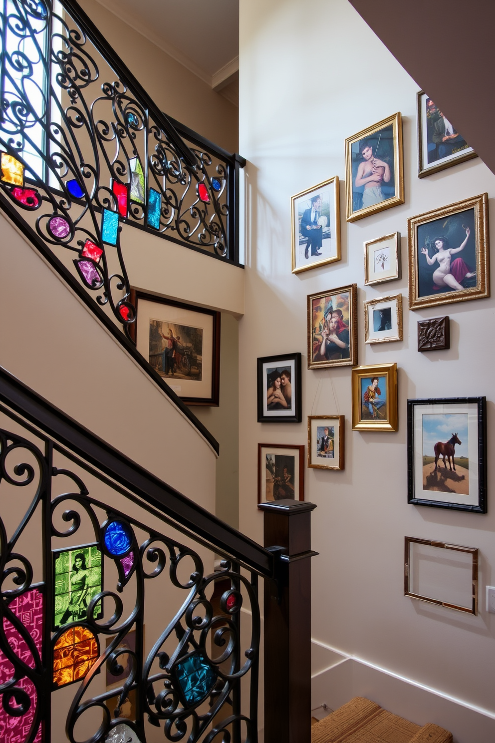 A stunning staircase railing that seamlessly integrates art pieces, creating a dynamic visual flow. The railing features intricate metalwork intertwined with vibrant glass panels that catch the light beautifully. The staircase wall is adorned with a series of framed artworks in various styles, creating an eclectic yet cohesive gallery feel. Soft, ambient lighting highlights the art, enhancing the overall elegance of the space.