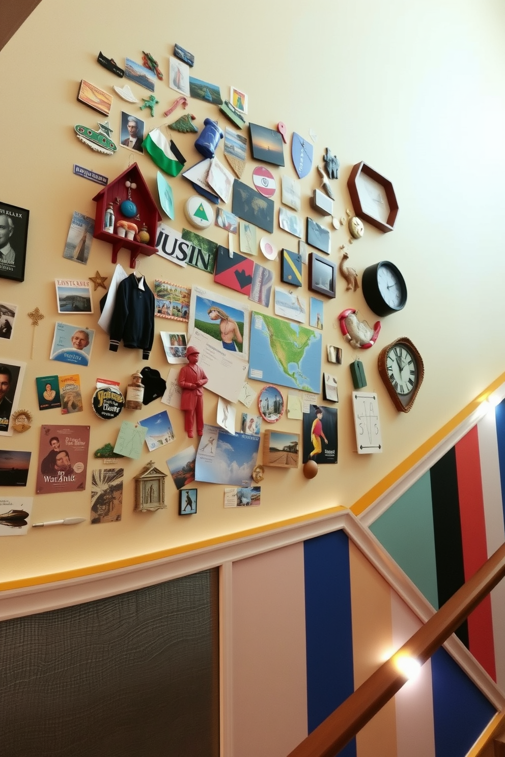 A vibrant collage of travel souvenirs and memories adorns the wall, featuring postcards, photographs, and small trinkets from various destinations. The arrangement is eclectic yet harmonious, creating a visual narrative of adventures and experiences. The staircase wall is designed with a striking combination of textures and colors, showcasing a mix of wood paneling and painted sections. Artistic lighting highlights the design, drawing attention to each element while providing a warm and inviting atmosphere.