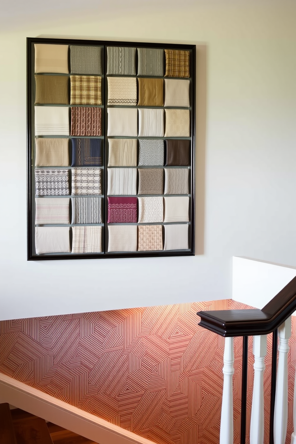 Framed fabric swatches are elegantly displayed on the wall, showcasing a variety of textures and colors that enhance the room's aesthetic. Each swatch is meticulously arranged in a grid pattern, creating a visually appealing focal point that invites touch and exploration. The staircase features a striking wall design, incorporating geometric patterns that add depth and interest. Soft lighting highlights the unique textures, creating an inviting atmosphere that transforms the space into a statement area of the home.