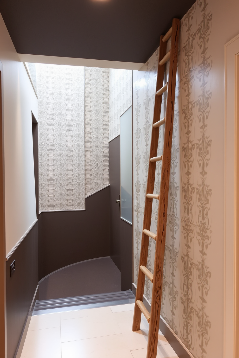 A decorative ladder leans against the wall, adding height and visual interest to the space. The ladder is made of natural wood, showcasing a rustic charm that complements the surrounding decor. The staircase features a striking wall design, with a combination of textured panels and elegant wallpaper. Soft lighting highlights the unique patterns, creating an inviting atmosphere as you ascend.