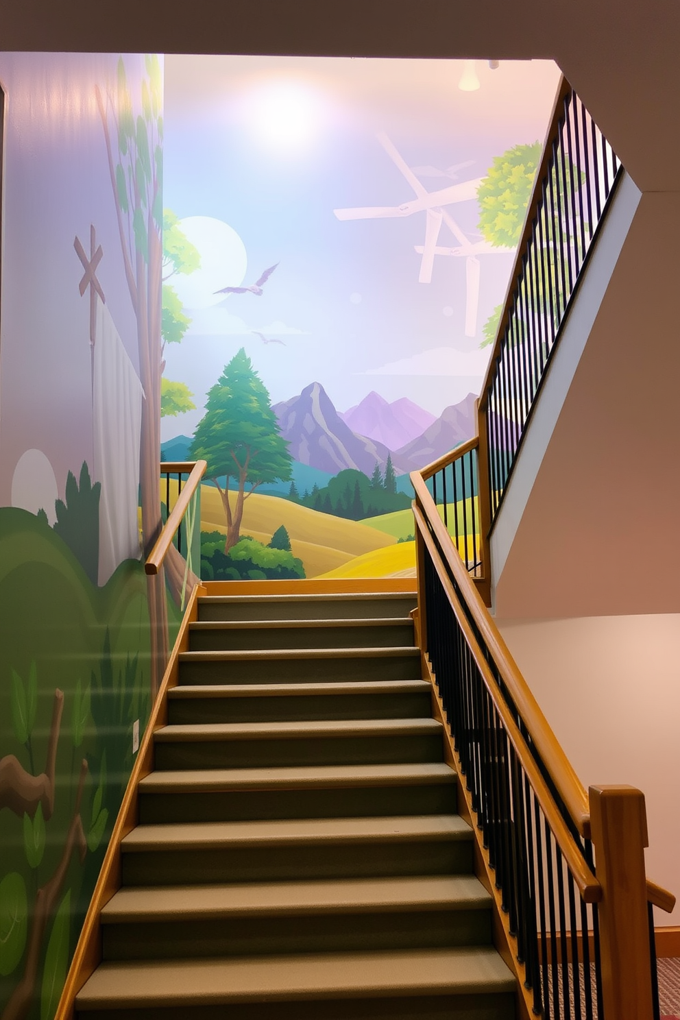 A painted mural showcasing nature scenes adorns the wall of a spacious staircase. The vibrant colors of the mural create a lively atmosphere, inviting light and warmth into the area. The staircase features a sleek wooden railing that complements the mural's earthy tones. Soft lighting highlights the artwork, enhancing the beauty of both the mural and the staircase design.