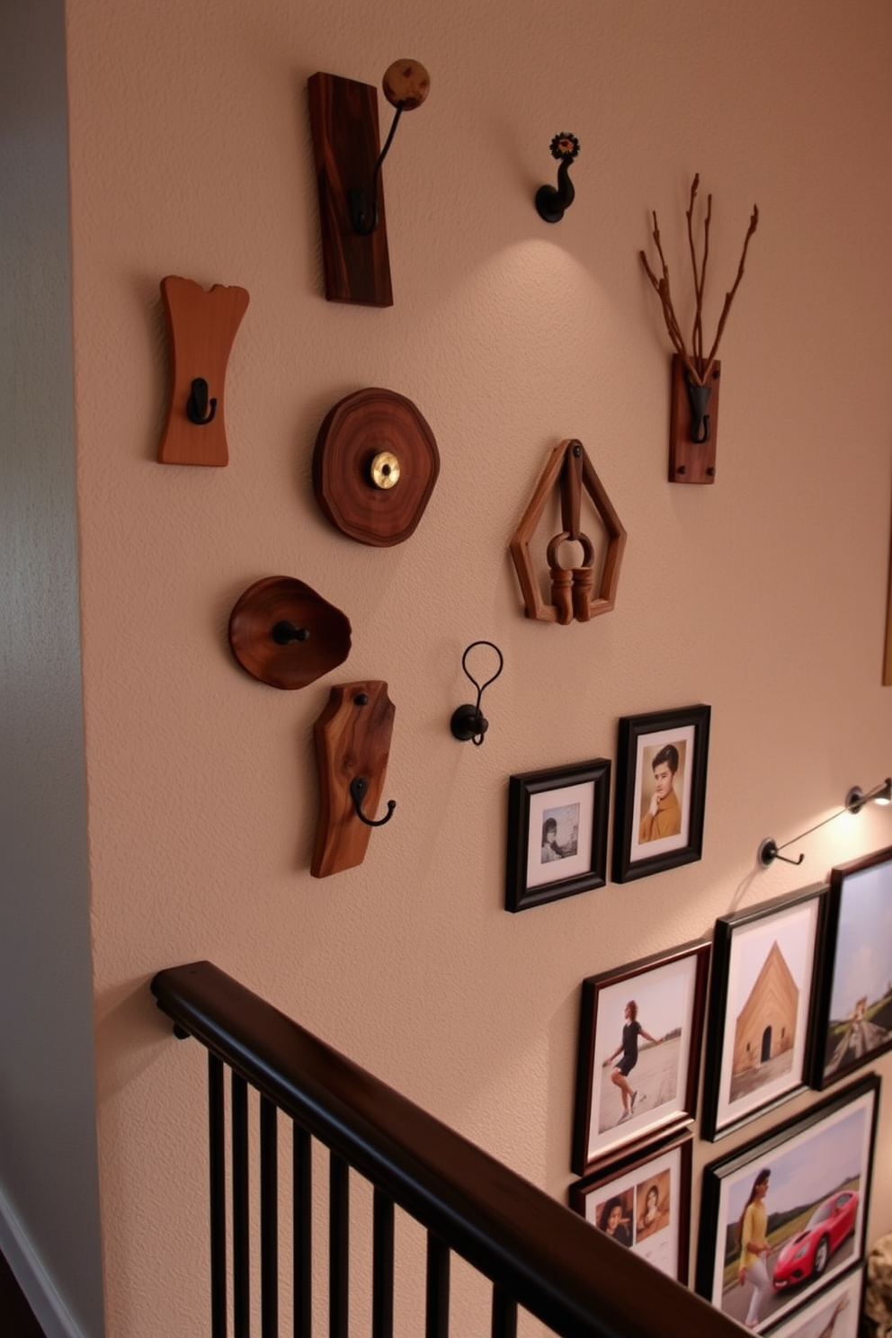 Unique wall hooks for functional decor. Imagine a collection of artistic wall hooks crafted from natural materials like wood and metal, arranged in an asymmetrical pattern on a textured wall. Staircase wall design ideas. Envision a staircase with a gallery wall showcasing framed artwork and photographs, complemented by ambient lighting that highlights the pieces and creates an inviting atmosphere.