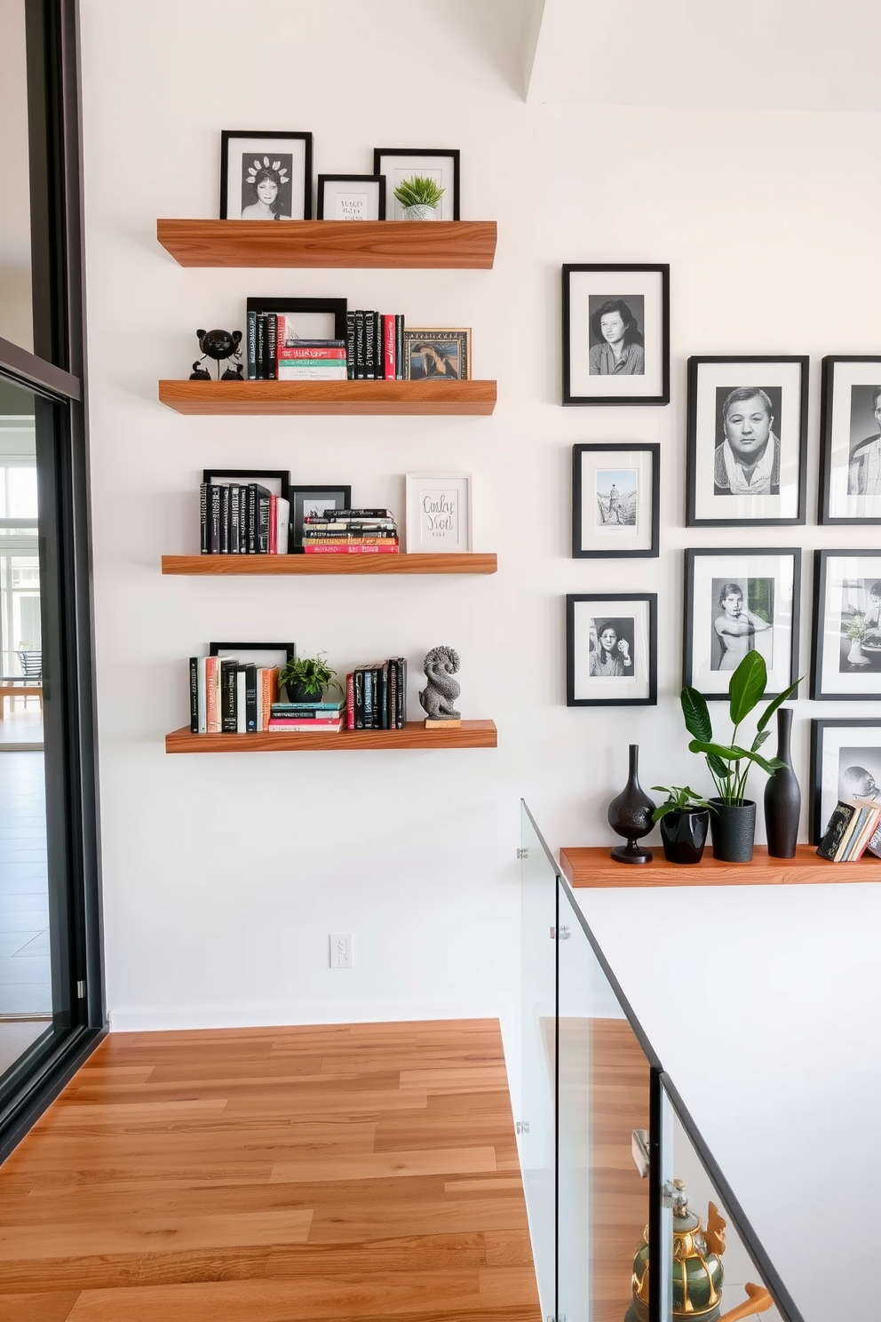 A modern staircase featuring sleek wooden steps and a glass railing that allows for an open feel. The wall adjacent to the staircase is adorned with a gallery of framed artwork, creating a striking visual impact. Floating shelves made of reclaimed wood are mounted on a white wall, showcasing a curated collection of books and decorative items. The arrangement includes a mix of plants and unique sculptures to add personality and warmth to the space.