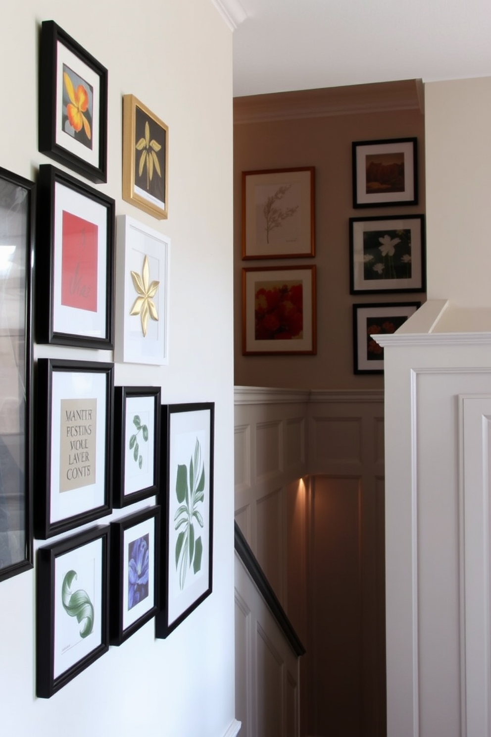 Framed art pieces in varying sizes adorn the walls, creating a dynamic visual impact. The arrangement includes a mix of bold colors and monochromatic designs, enhancing the overall aesthetic of the space. The staircase features an elegant wall design that complements its architectural lines. Textured panels and a soft color palette add depth and interest, making the staircase a focal point in the home.