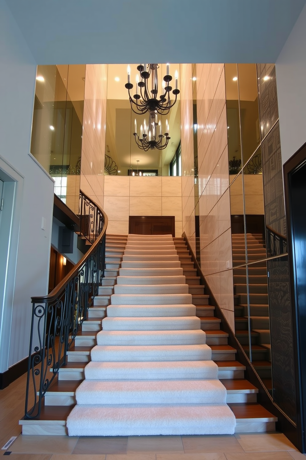 A grand staircase featuring mirrored panels along the walls to enhance natural light and create a sense of openness. The staircase is adorned with elegant wrought iron railings and a plush runner that adds warmth and texture to the space. The wall design includes a combination of sleek mirrored panels and textured finishes to create visual interest. Soft ambient lighting highlights the reflections, making the staircase a stunning focal point in the entryway.