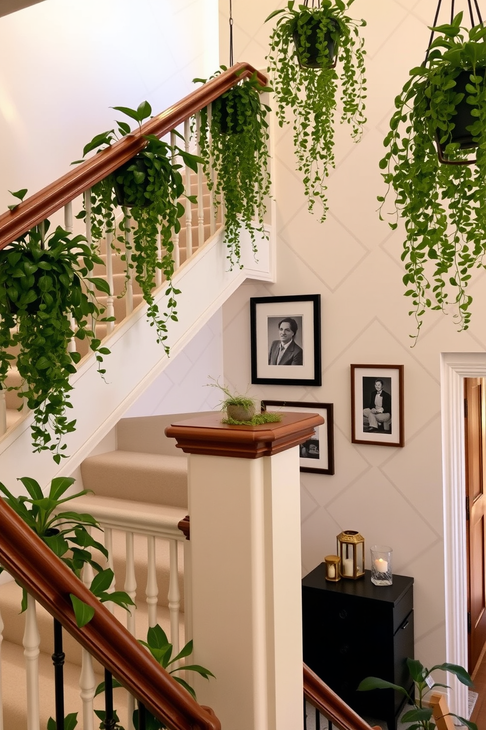 A stylish staircase adorned with hanging plants creates a fresh and inviting atmosphere. Lush greenery cascades from decorative planters, complementing the elegant wooden banister and soft lighting. The staircase walls are painted in a soft neutral tone, providing a perfect backdrop for art pieces and framed photographs. Incorporating geometric patterns in the wall design adds a modern touch while enhancing the overall aesthetic.