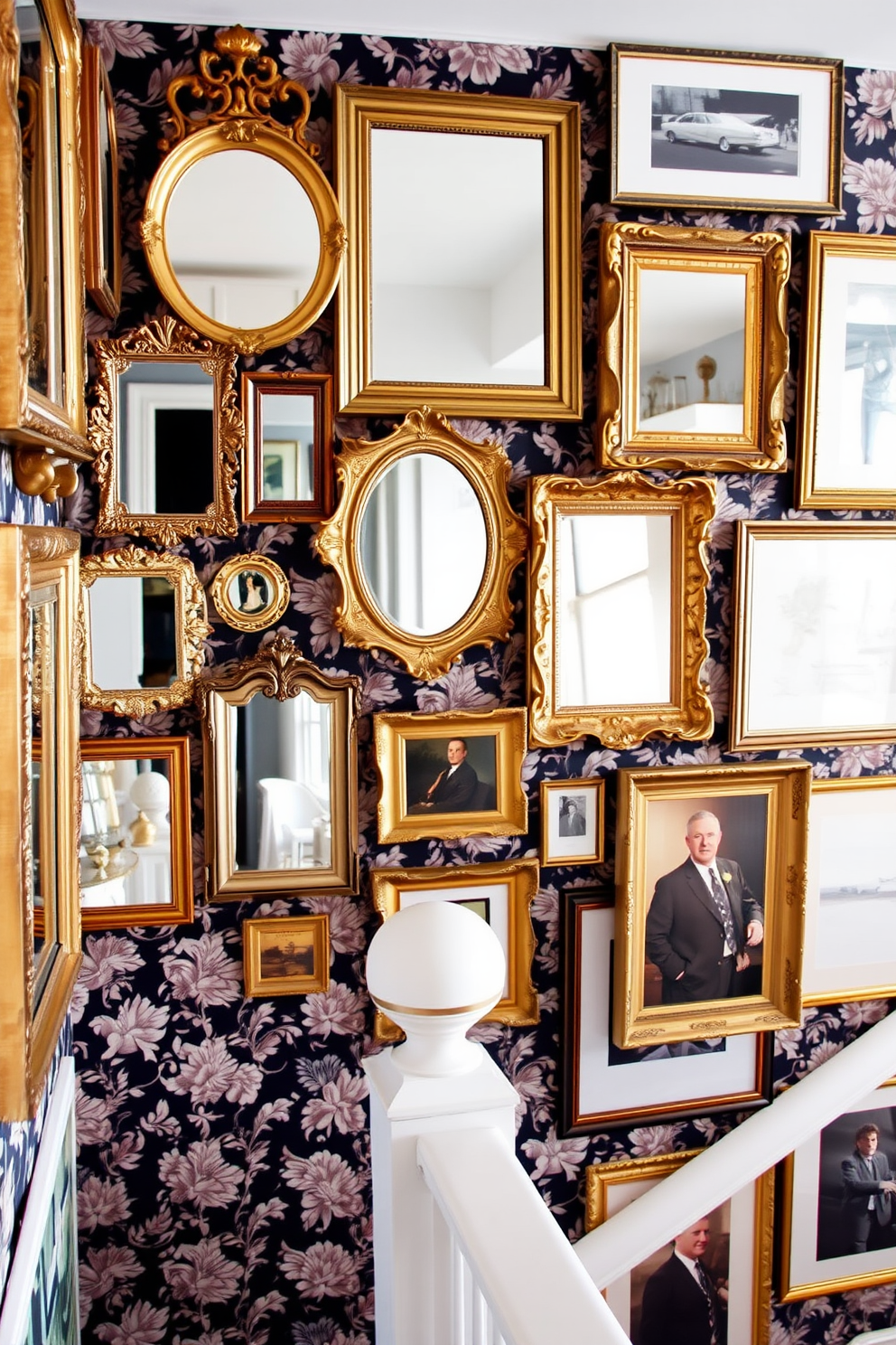 A collection of vintage mirrors in various shapes and sizes is arranged eclectically on a gallery wall. The mirrors feature ornate frames in gold and silver tones, reflecting light and adding depth to the space. The staircase is adorned with a striking wall design that incorporates bold wallpaper featuring a floral pattern. Complementing the wallpaper, a series of framed art pieces are hung at varying heights to create visual interest.