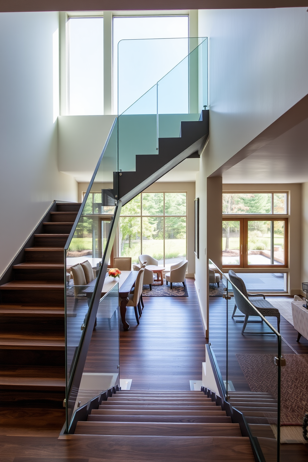 Open staircase with a sleek glass railing that allows natural light to flow through the space. The staircase features dark wood treads and a minimalist design that complements the modern aesthetic of the dining room. The dining room showcases a large wooden table surrounded by upholstered chairs, creating a warm and inviting atmosphere. Large windows provide a view of the outdoors, enhancing the overall elegance of the room.